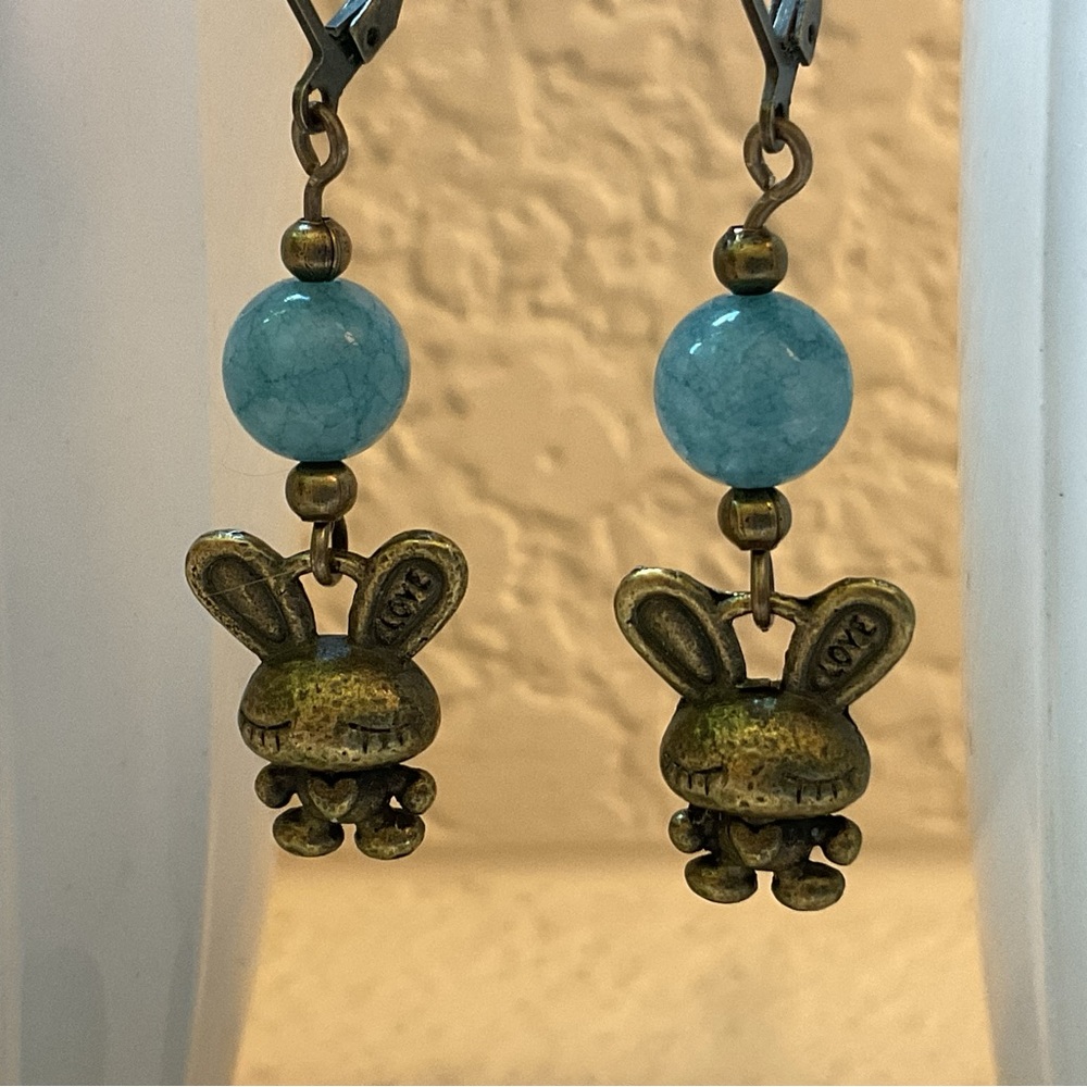 Genuine Aqua Marine Stone and Brass Love Bunny Earrings